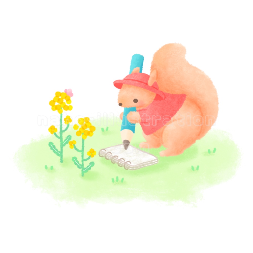 やわらかい色鉛筆風なタッチで描いた絵を描いているリス